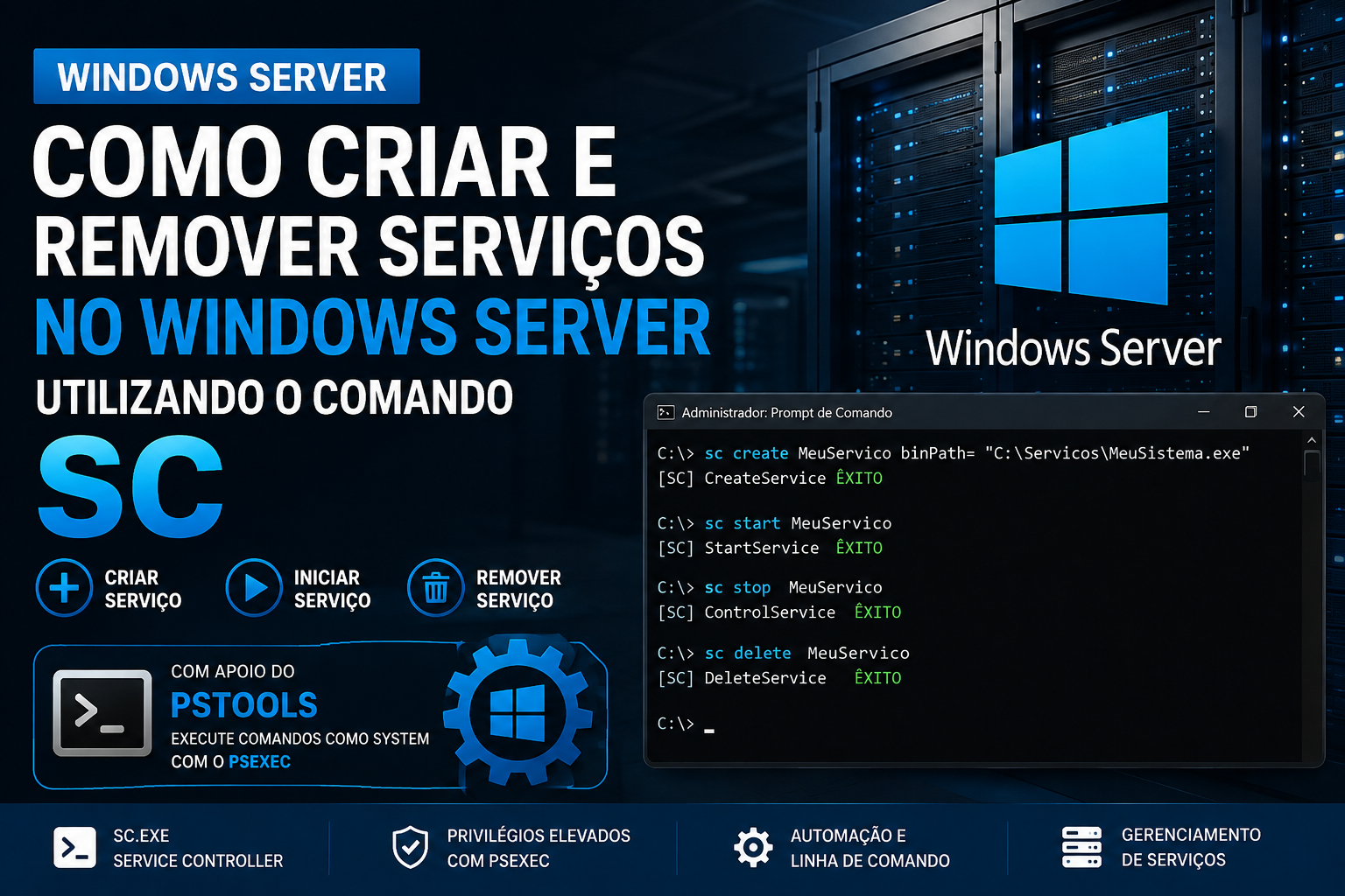 Como criar e remover serviços no Windows Server usando SC